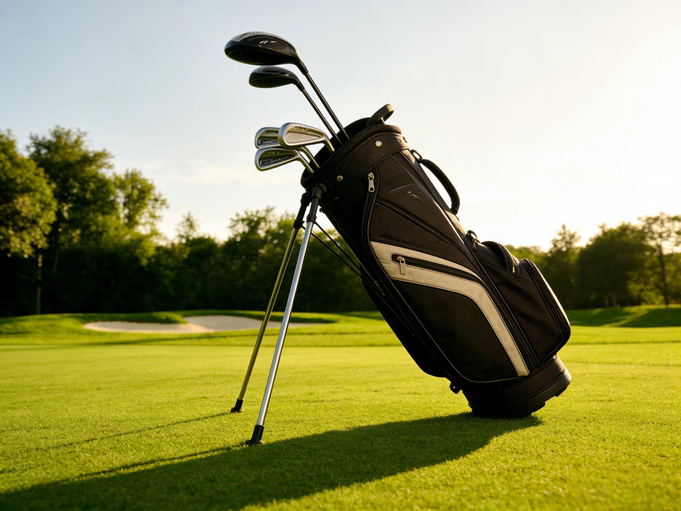 Unbranded black golf bag on a golf course