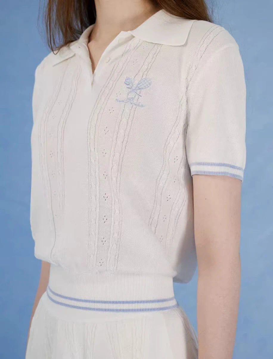NowRose White cooling golf polo front detail on model