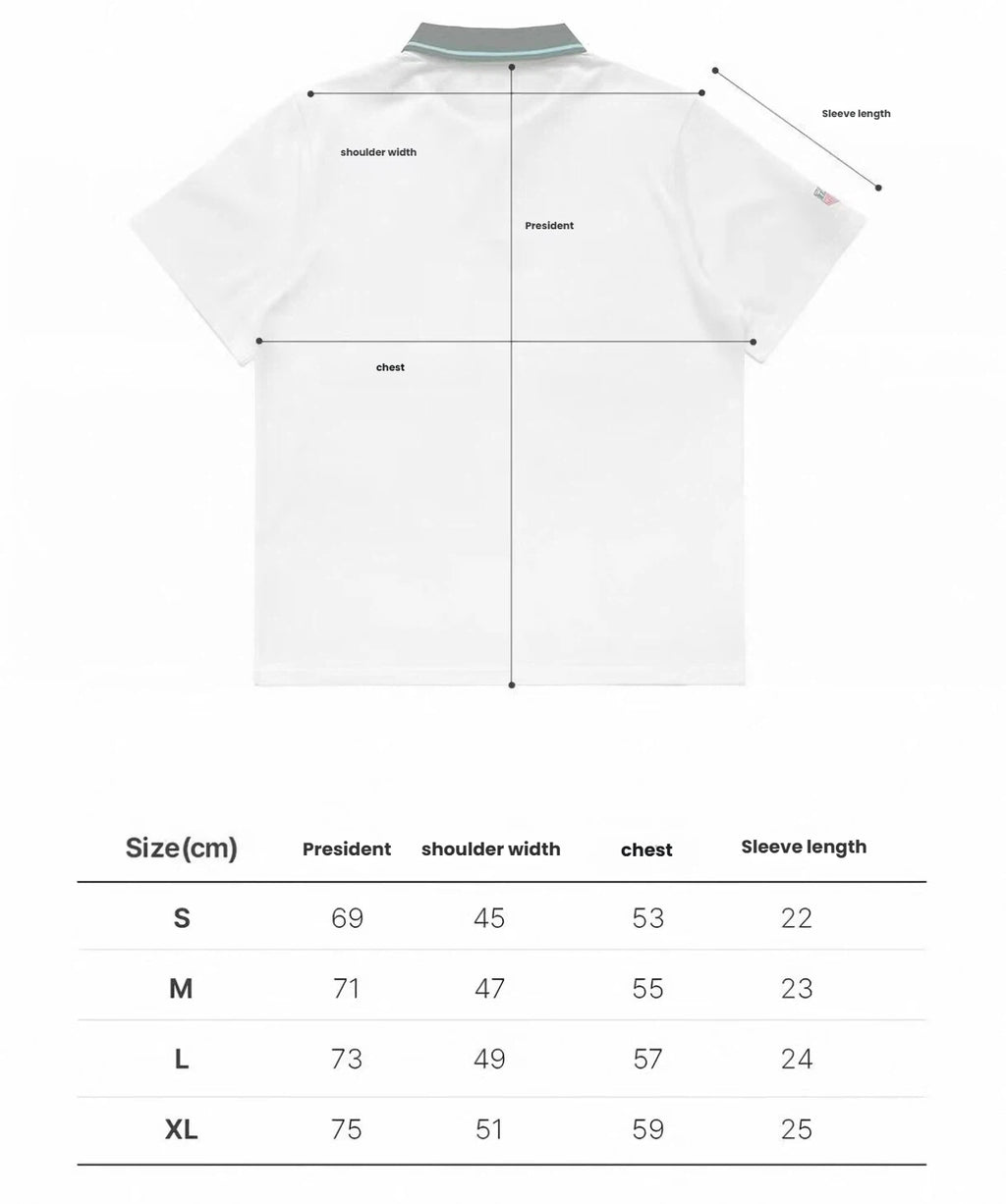 Measurement chart of a white polo shirt with labeled dimensions on a white background
