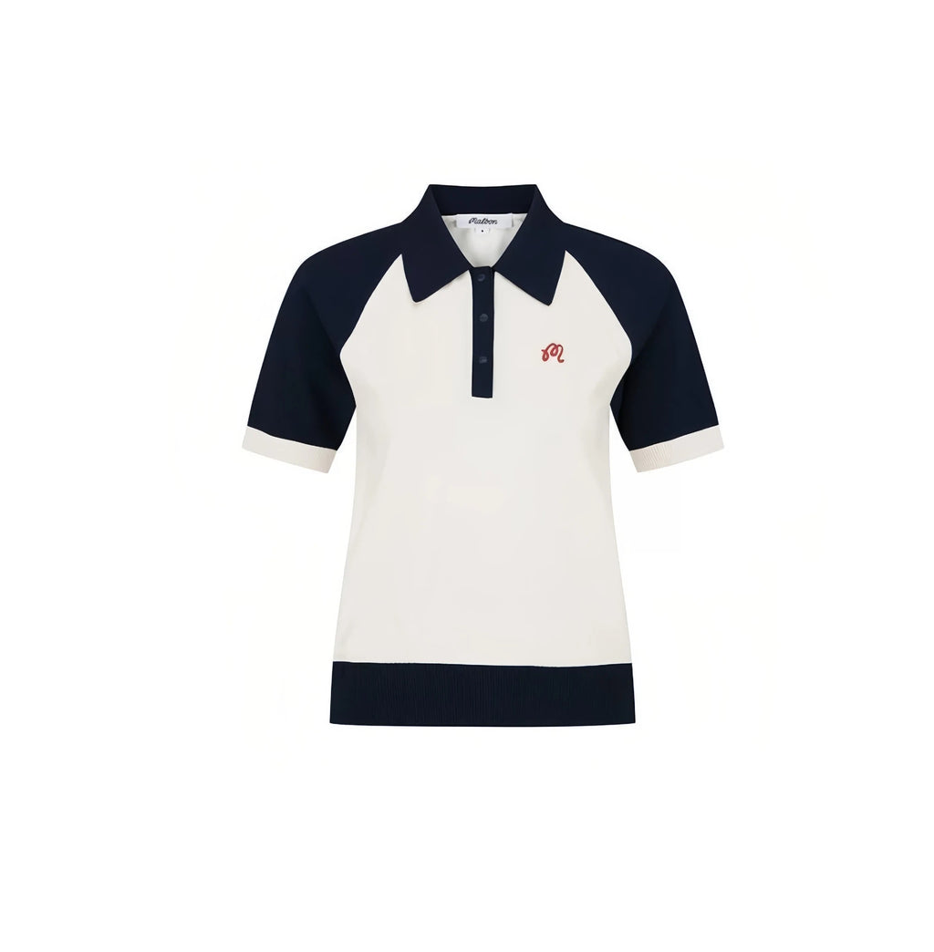 Malbon women colourblock knit golf polo in beige front view