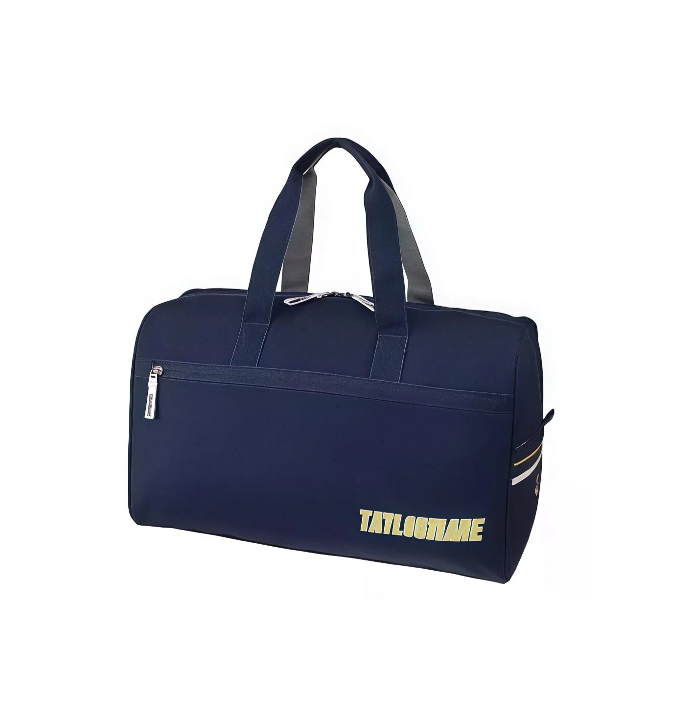 Navy TaylorMade golf duffel bag with cream block logo, grey-lined carry handles and side stripe detail