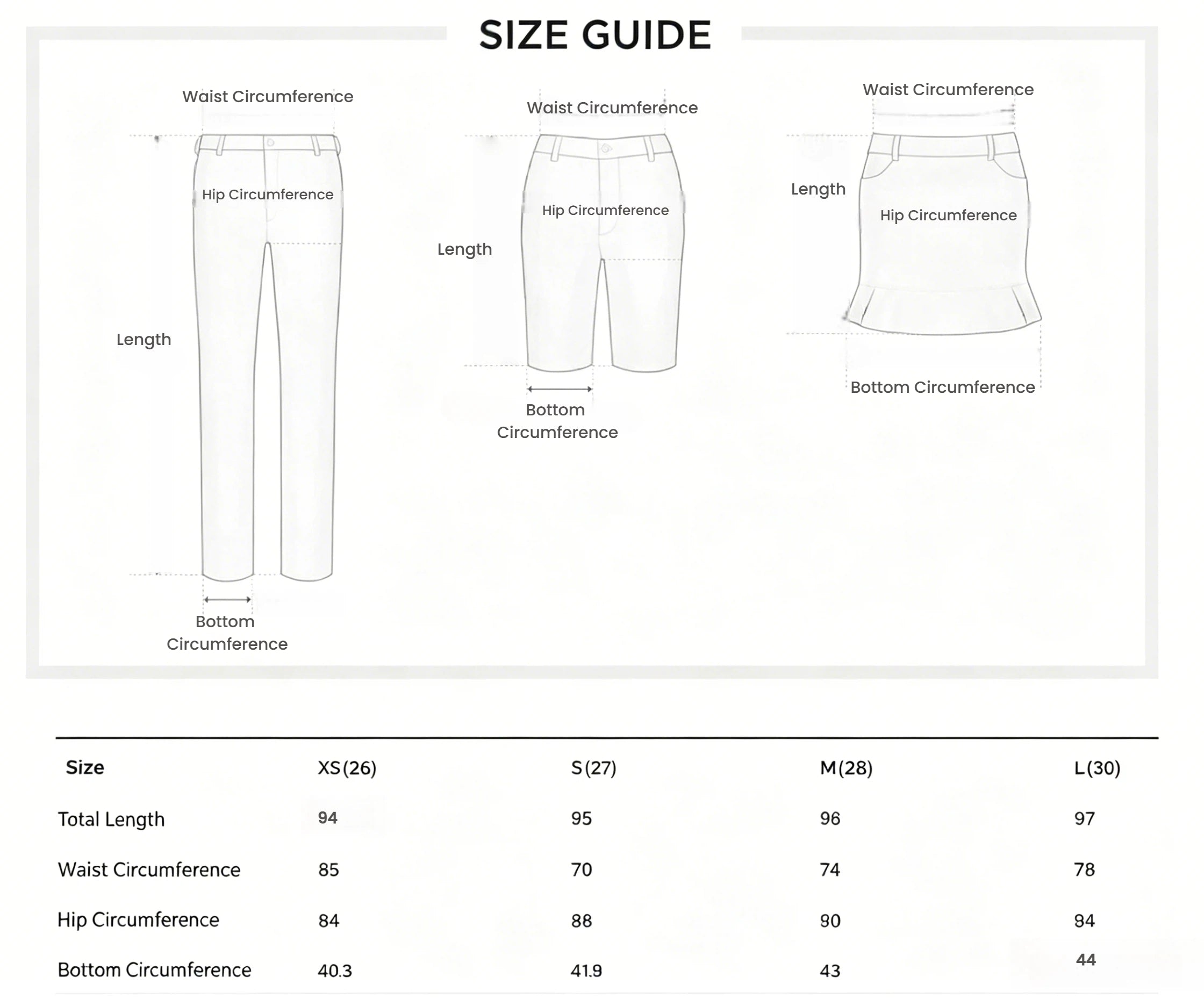 St Andrews Women's Slim-Fit Flare Golf Pants — size chart with waist, hip and bottom circumference