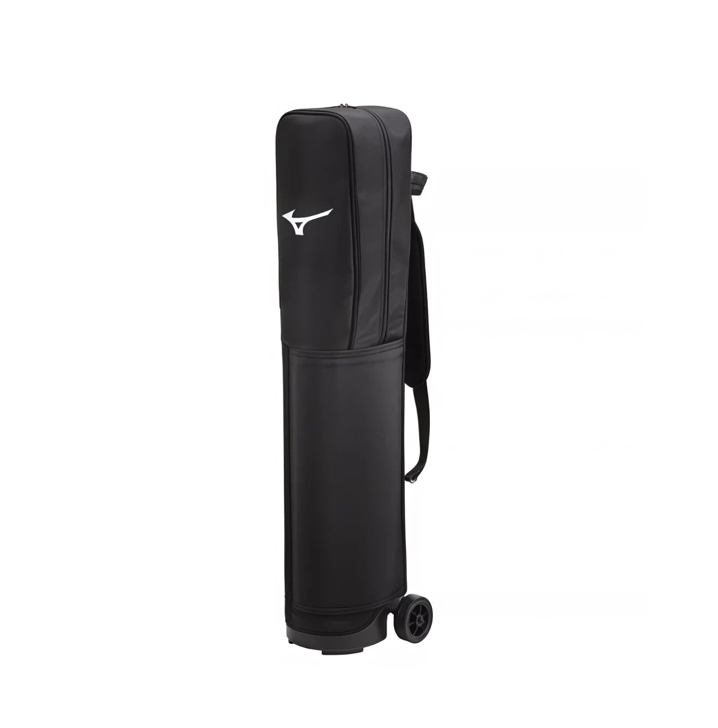 Black Mizuno golf travel cover upright on inline wheels, showing top zipper compartment and Runbird logo