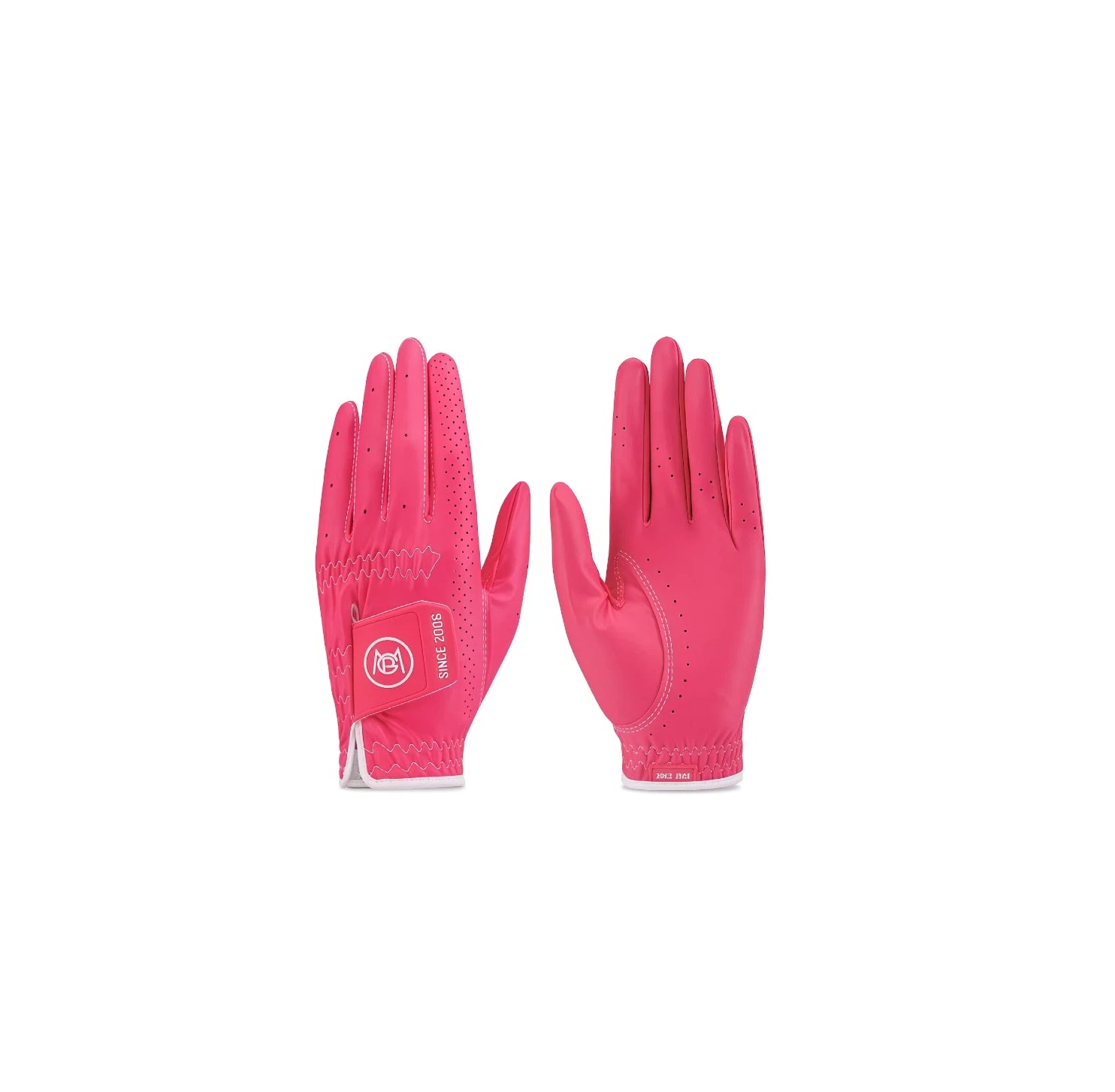 Pair of hot pink women's nano golf gloves with white piping, perforated fingers and circular logo closure tab