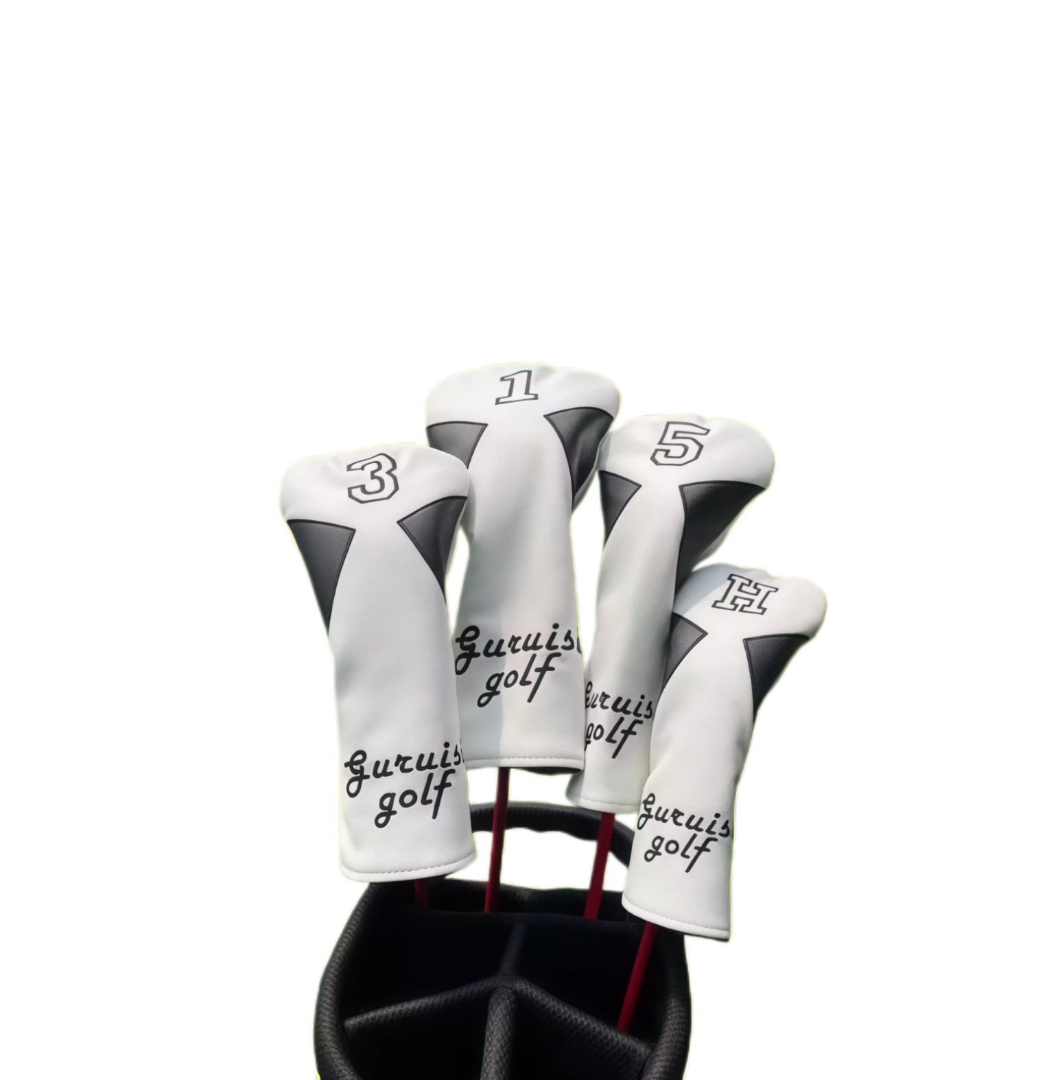 135H golf headcovers set with driver, fairway woods, and hybrid covers, designed with sleek white finish and black accents for modern golf gear protection.