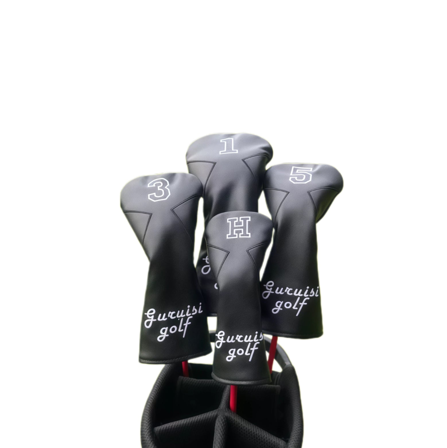 135H golf headcovers set featuring driver, fairway woods, and hybrid covers with bold Guruisi golf branding and black color scheme, offering durable protection for golf clubs.