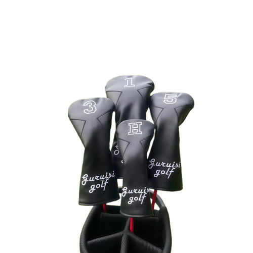 135H golf headcovers set featuring driver, fairway woods, and hybrid covers with bold Guruisi golf branding and black color scheme, offering durable protection for golf clubs.