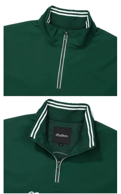 Malbon Men Golf Half Zip Stand Collar Shirt Summer Sport Tee Green collar and logo detail
