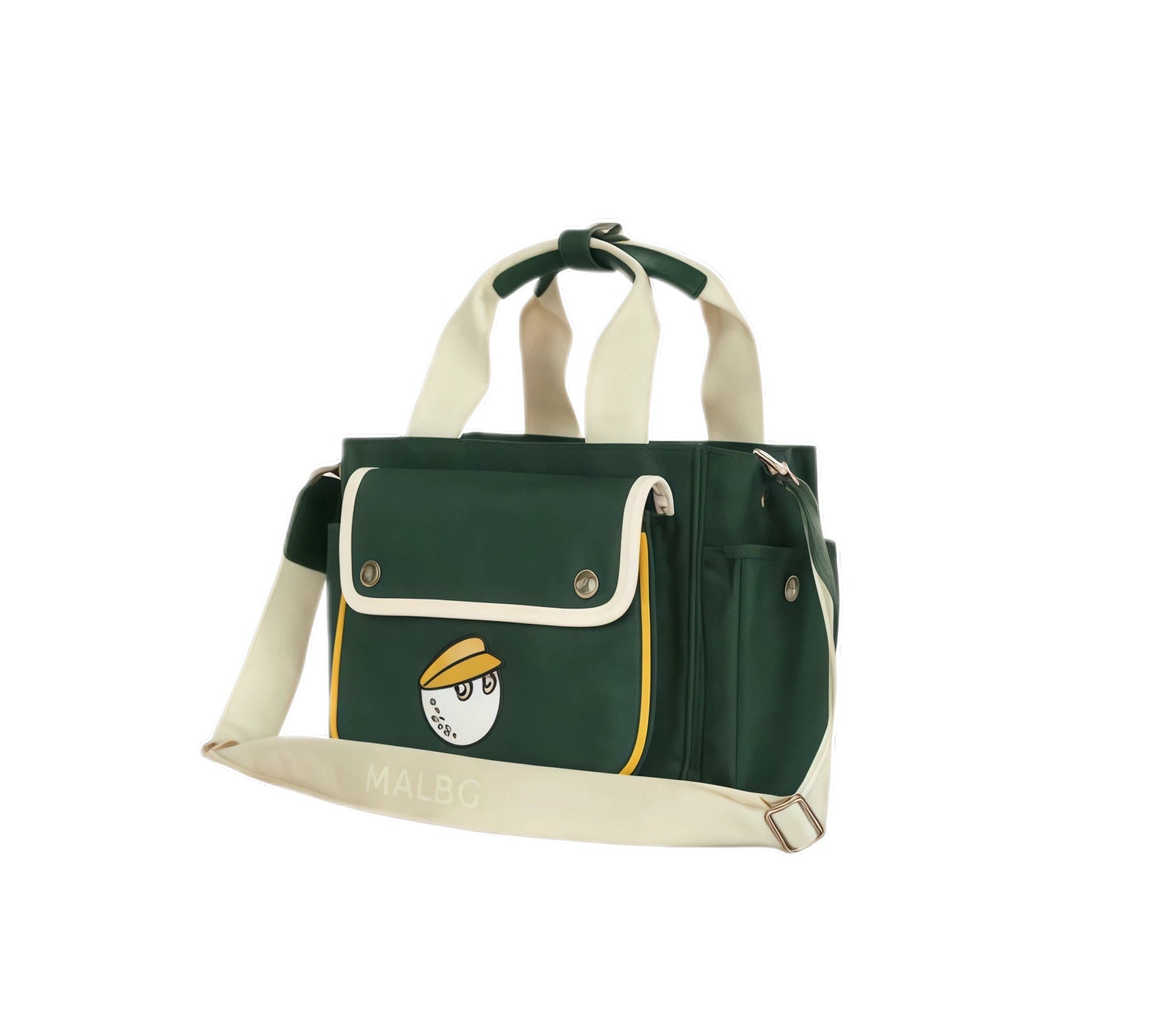 Forest green Malbon Golf tote bag with cream trim, yellow-cap Buckets mascot patch, twin top handles and adjustable MALBG webbing shoulder strap