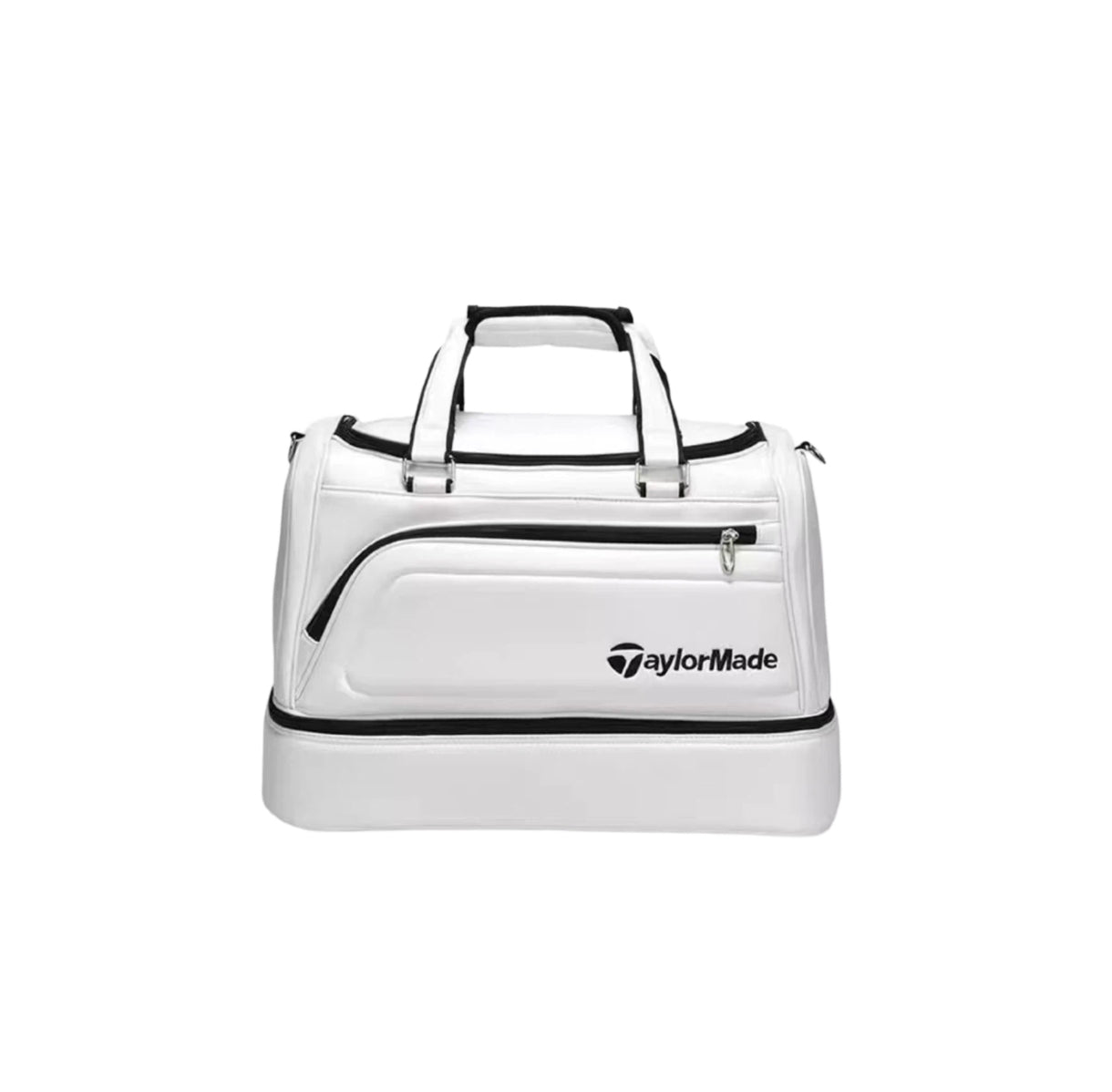 White TaylorMade TM24 boston bag with black trim, dual top handles, front zip pocket and lower shoe compartment, front view