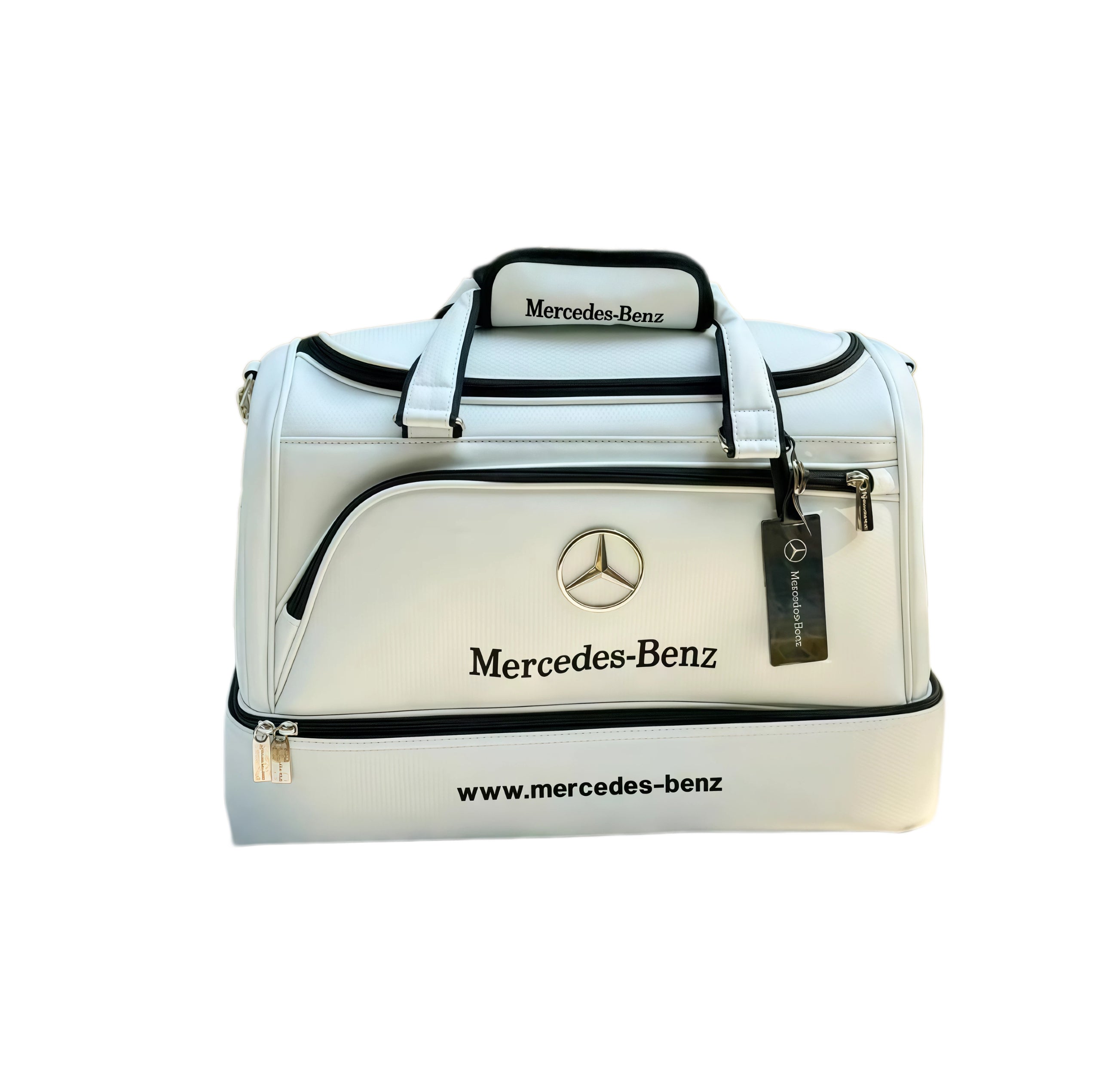 White Mercedes-Benz golf boston bag with chrome three-pointed star emblem, drop-down shoe compartment and branded hang tag, front view