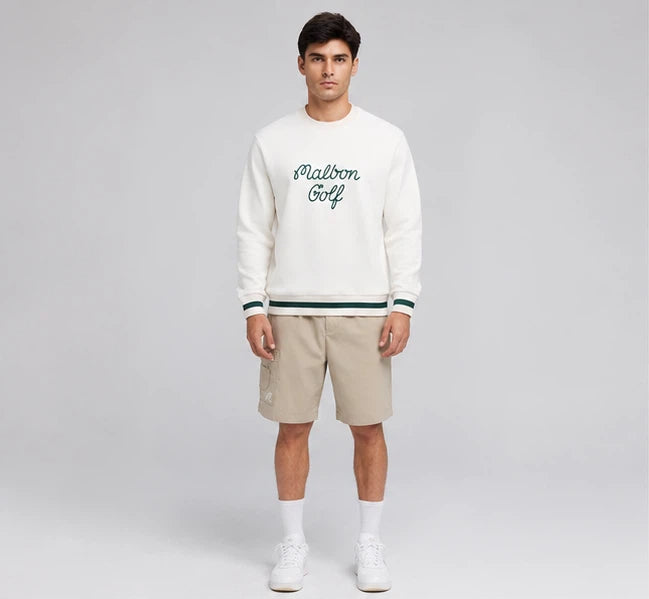 Malbon men's crew-neck logo embroidered golf sweatshirt — styled lifestyle view 11