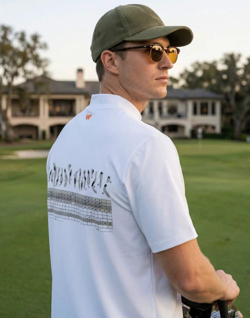 Devereux Golf Men’s Summer Mock Neck Scorecard Print Golf Shirt in White - product view
