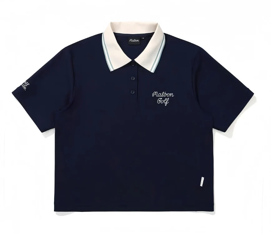 Malbon Women Golf Polo Shirt Casual Sports Collar Tee Navy Blue front view