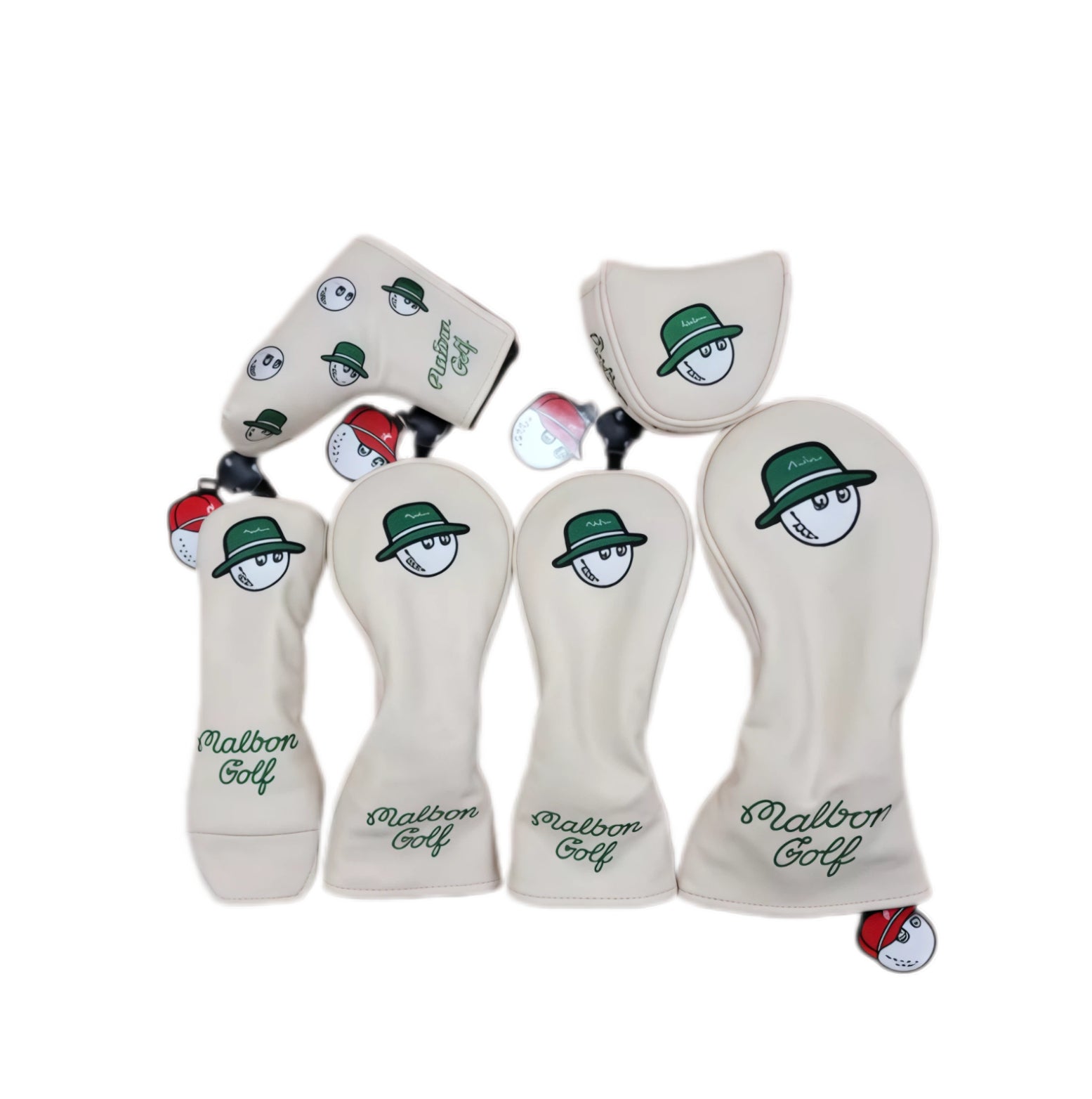 Malbon Golf bucket hat headcover set in cream leather with green hat smiley face logo, covering driver, irons and putter