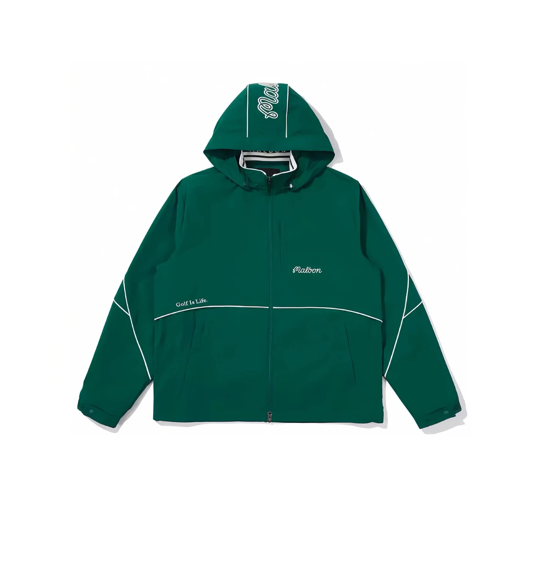 Malbon men hooded golf jacket in white front view