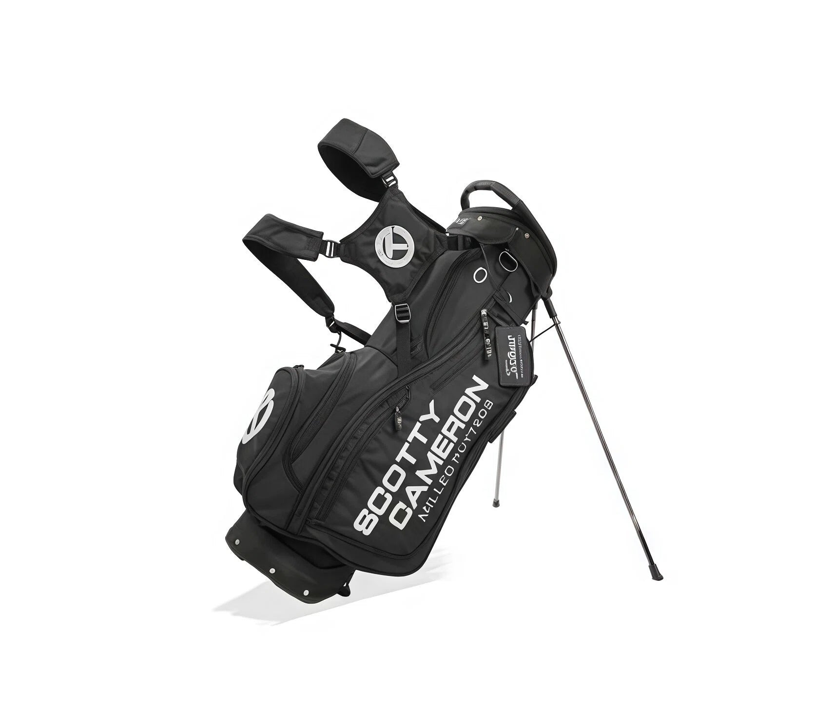 Black Titleist Scotty Cameron golf stand bag on tripod legs with twin shoulder harness, circle T logo and Scotty Cameron print