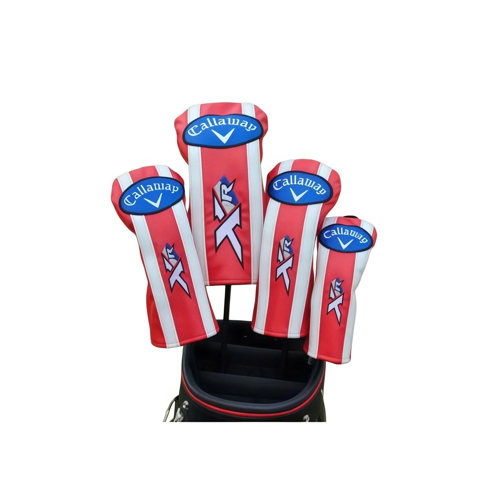 Red and white striped Callaway XR golf headcover set of four on top of a black cart bag, blue oval Callaway logo on each