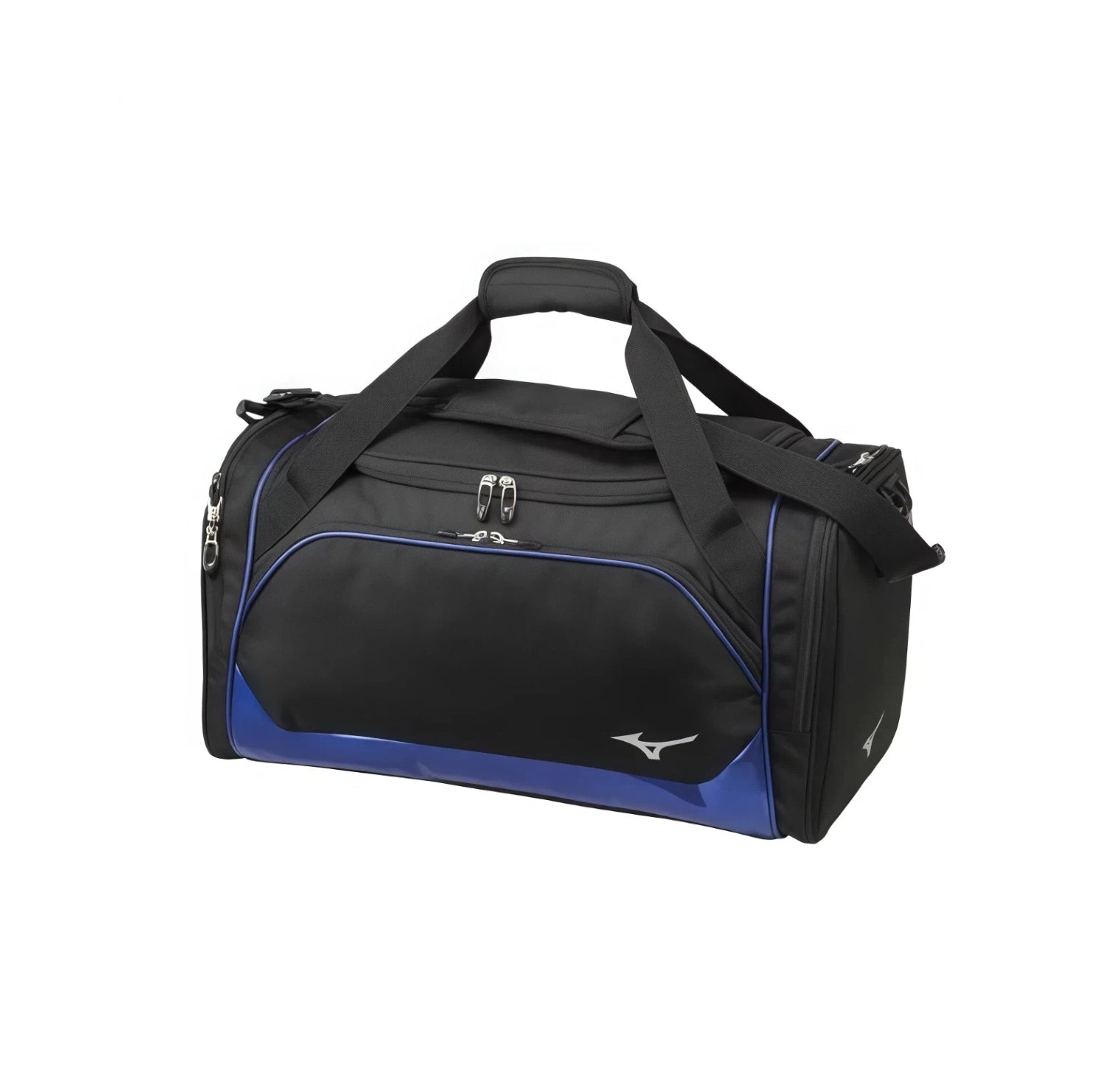Black and royal blue Mizuno Team duffel bag, front three-quarter angle showing zipped main compartment and side handle