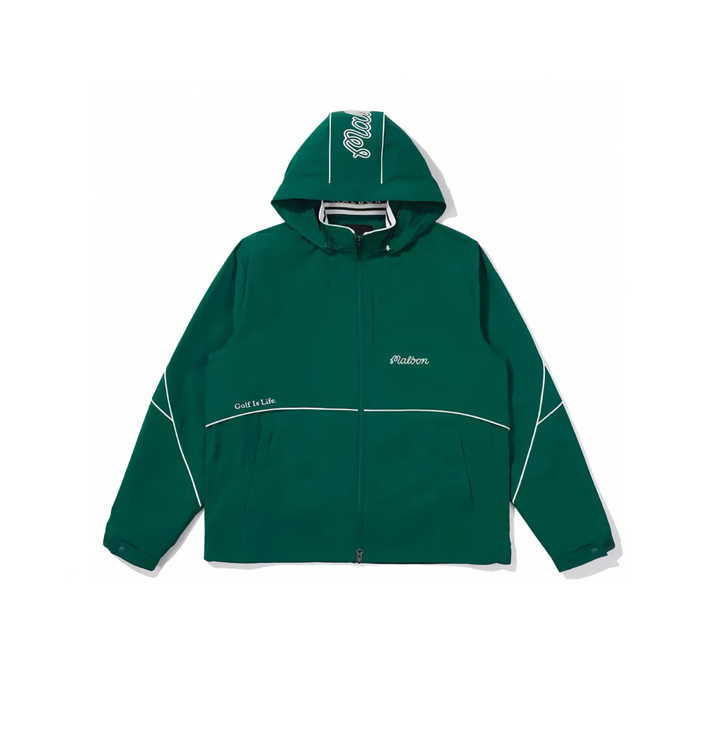 Malbon men hooded golf jacket zip and placket close-up