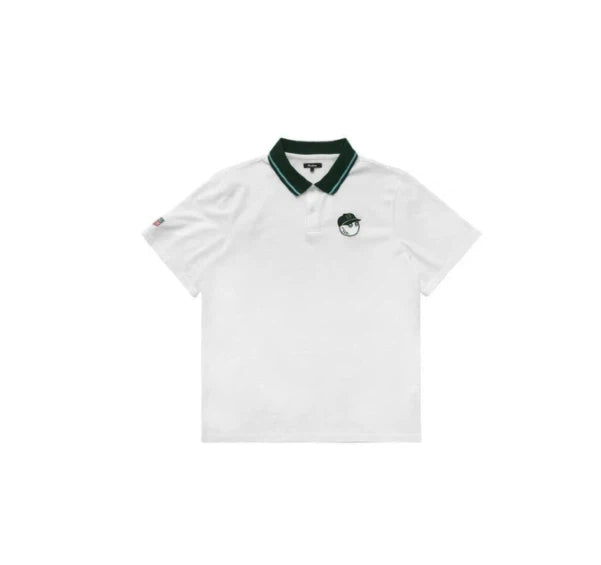 White polo shirt with green collar on a white background#White