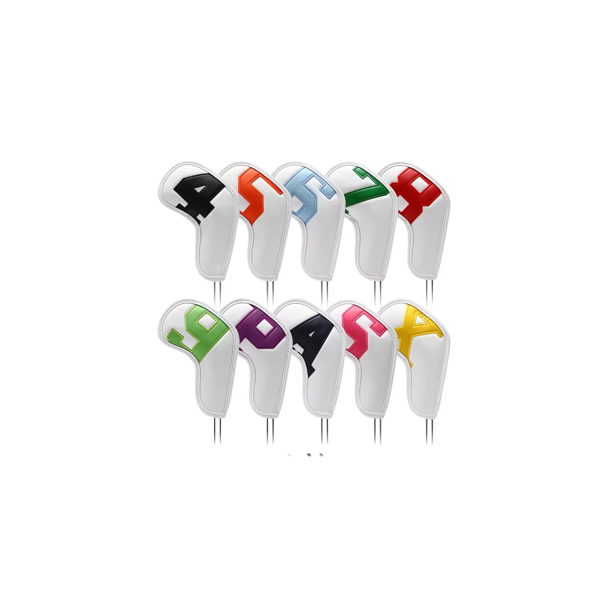 White waterproof golf iron headcovers numbered 4-9, P, A, S, X in ten coloured retro varsity-style digits