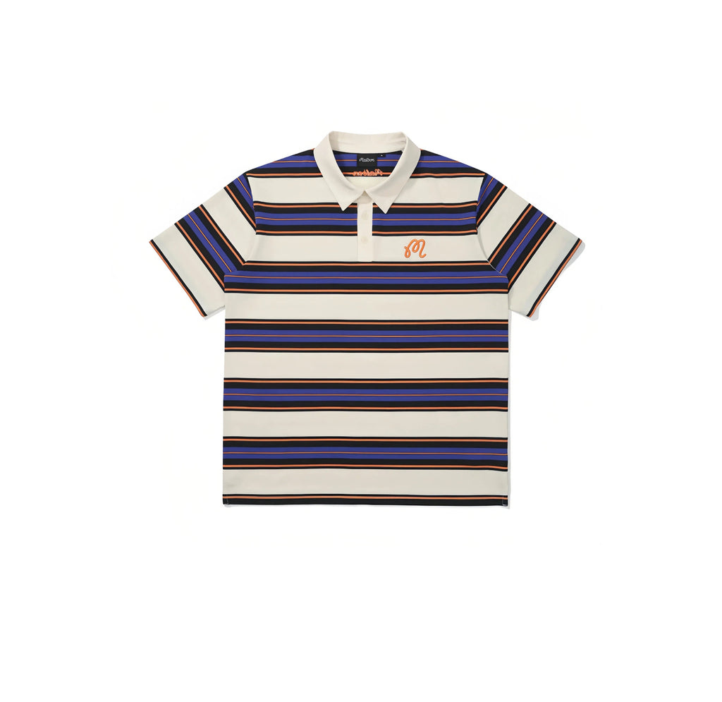 Malbon striped golf polo in beige front view