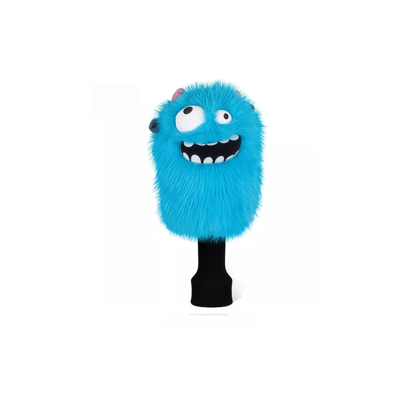 Bright blue fluffy little monster golf driver headcover with googly eyes, big teeth and black knit sock collar