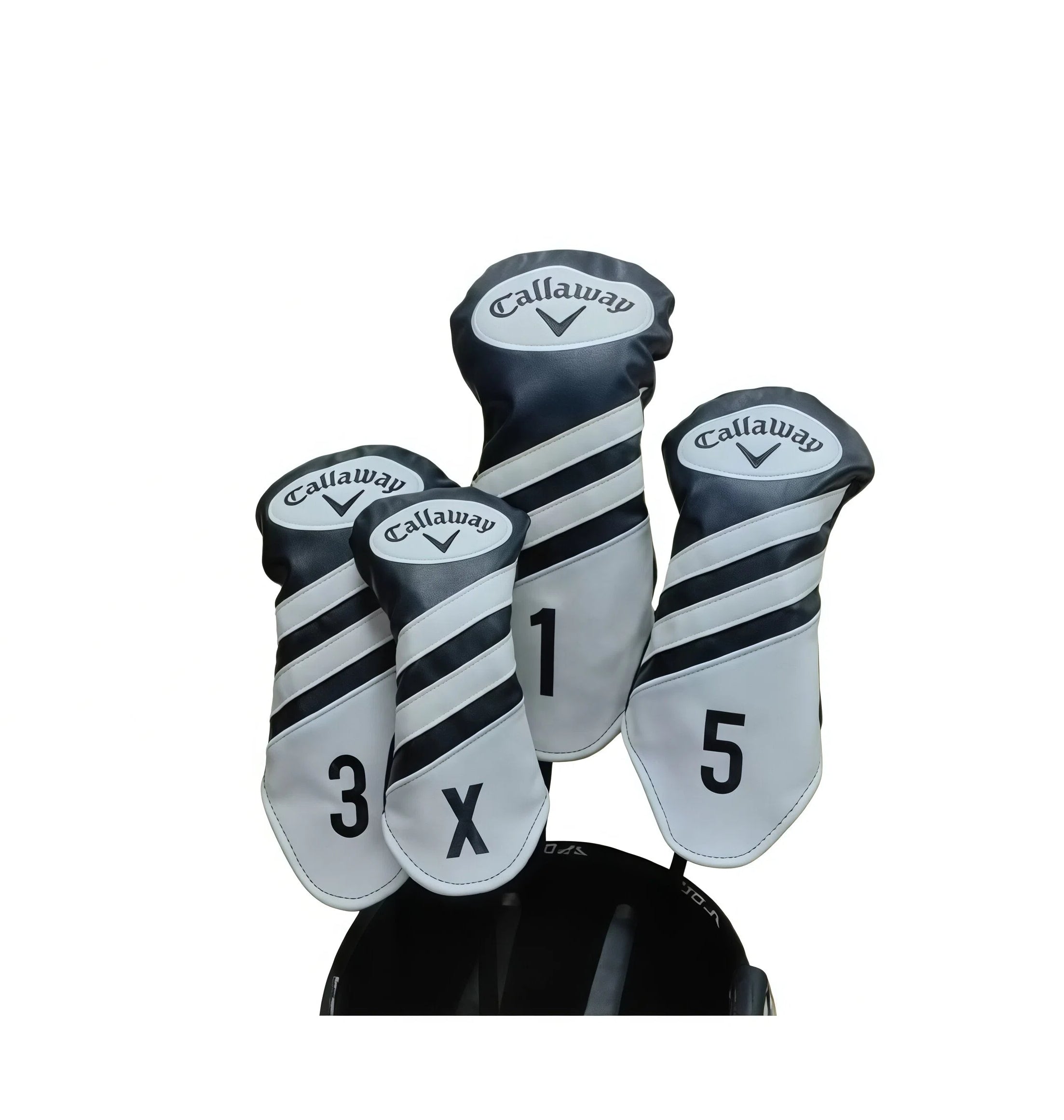 Black and white striped Callaway golf wood headcover set of four sitting on a cart bag, numbered 1, X, 3 and 5
