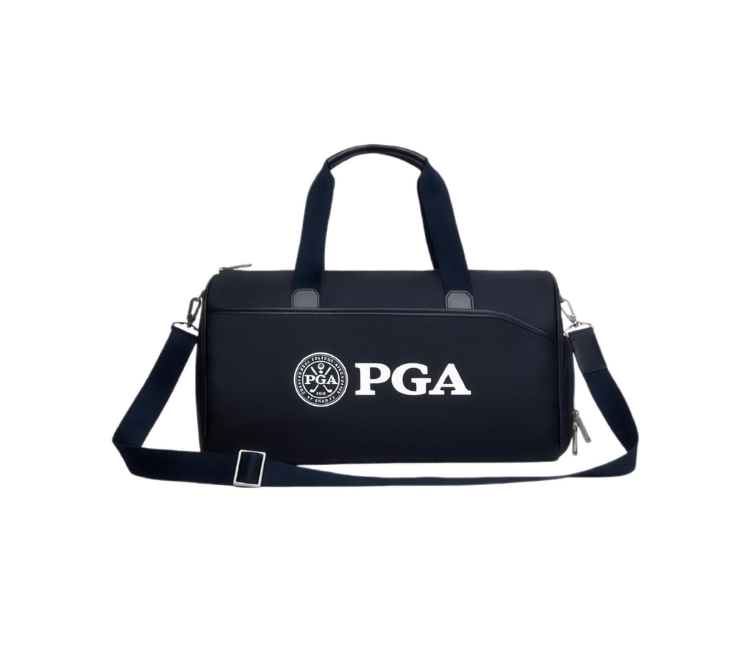 Navy PGA Tour duffel bag, front view with white PGA crest and lettering, twin top handles and detachable shoulder strap