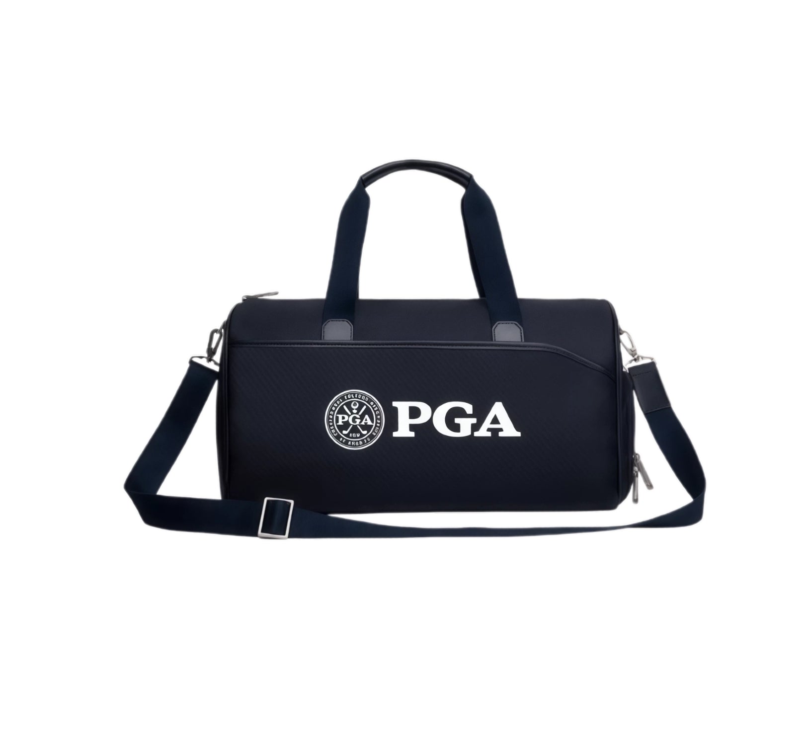 Navy PGA Tour duffel bag, front view with white PGA crest and lettering, twin top handles and detachable shoulder strap