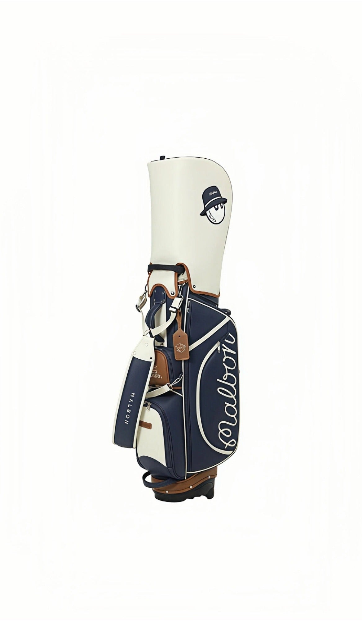Navy and cream Malbon Golf stand bag with tan trim, hood cover, shoulder strap and bucket-hat ball logo on the top