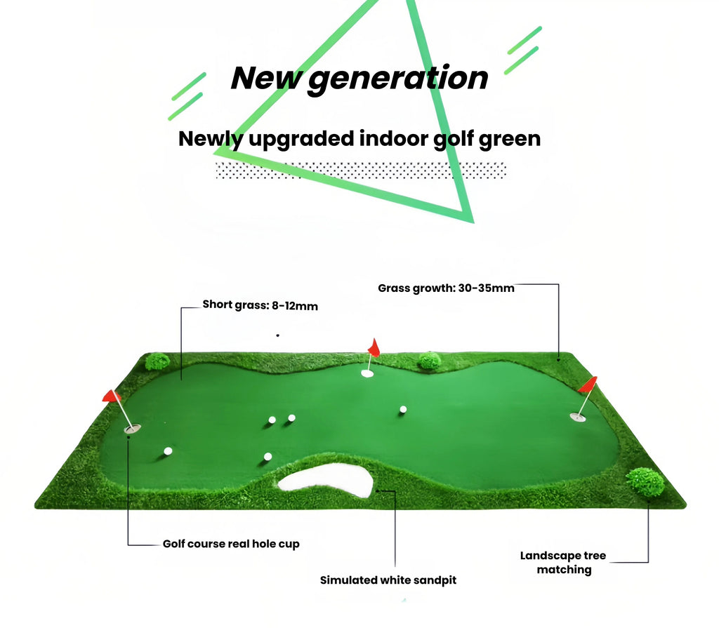 Indoor golf putting mat lifestyle shot rolled out in lounge for home practice