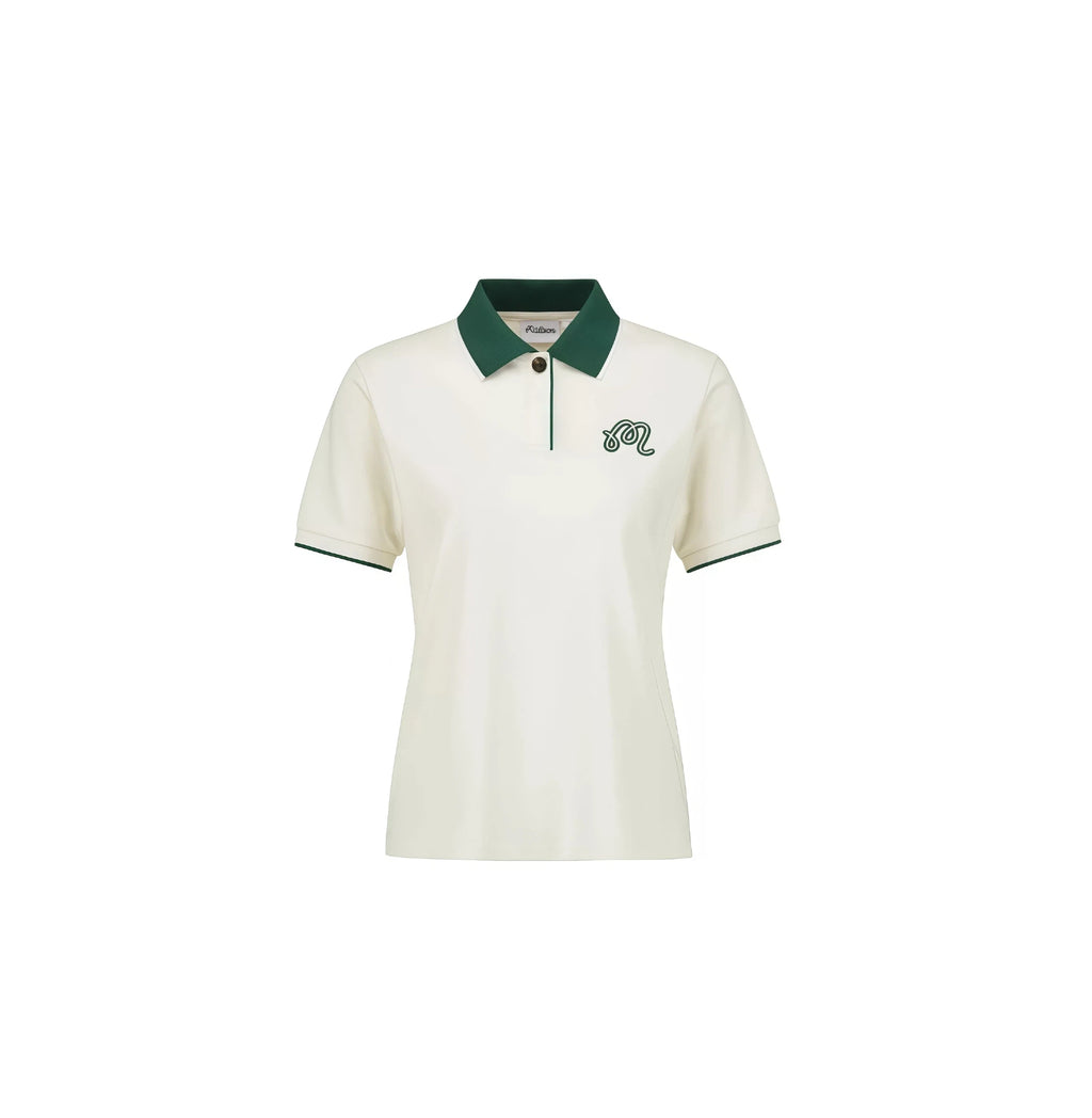 Malbon women's colorblock embroidered golf polo in cream with dark green contrast collar and M monogram