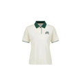 Malbon women's colorblock embroidered golf polo in cream with dark green contrast collar and M monogram
