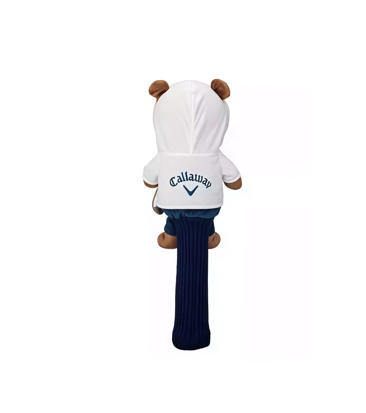 Back view of 2024 Callaway bear golf headcover – brown plush teddy in white hoodie featuring embroidered Callaway logo on back, paired with navy blue stretchy shaft sleeve for secure fit