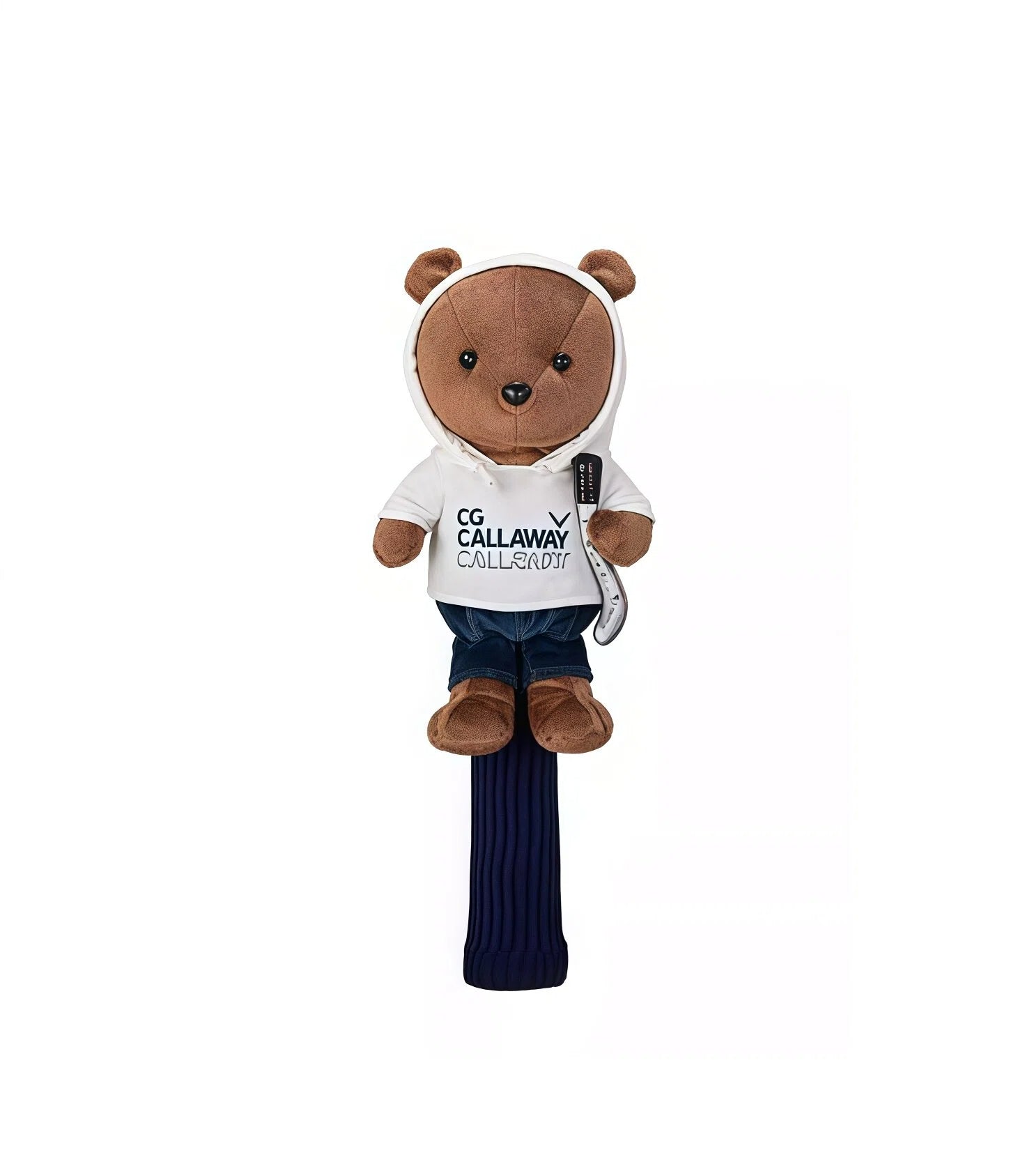 Cute brown teddy bear golf headcover by Callaway 2024, wearing white hoodie with CG Callaway logo and navy ribbed shaft cover — unisex driver cover for fun and protection on the course