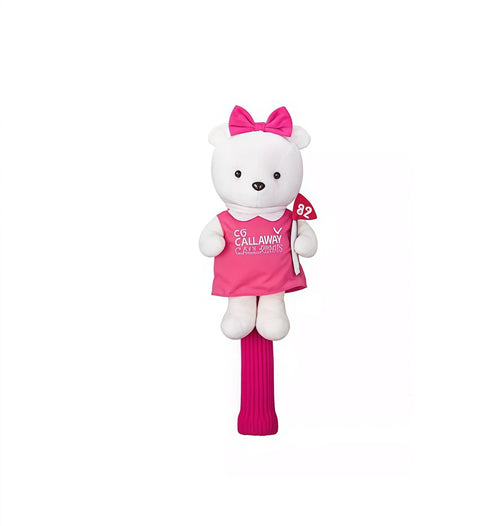 Adorable white teddy bear golf headcover from Callaway 2024 collection, dressed in pink dress with bow and holding flag #82, features CG Callaway branding — perfect cute driver cover for women or kids