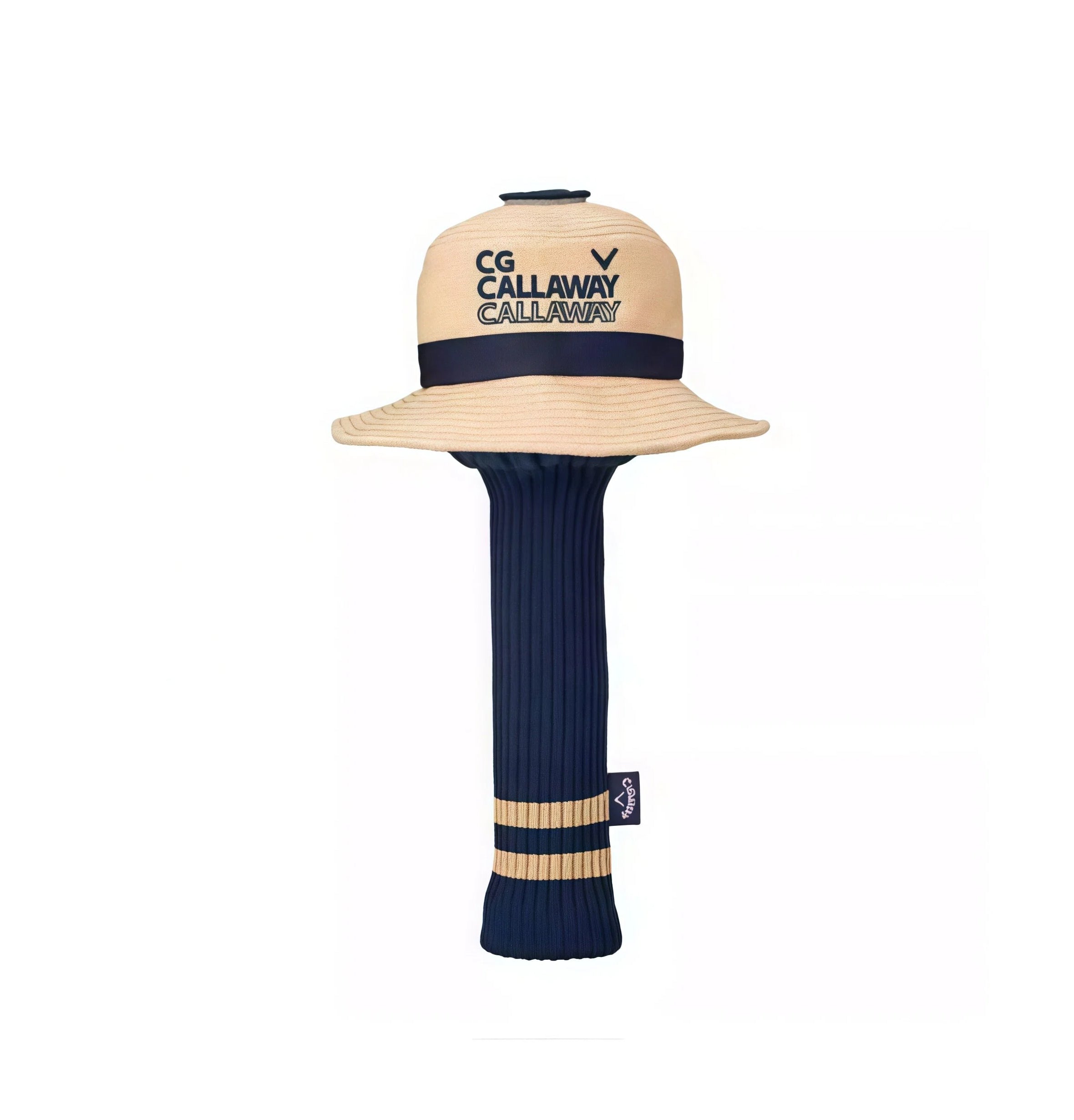 2024 Callaway Golf Premium Putter Headcover in beige hat style with navy blue ribbed shaft cover, featuring CG Callaway logo and gold accent stripes — stylish protection for your putter on the course