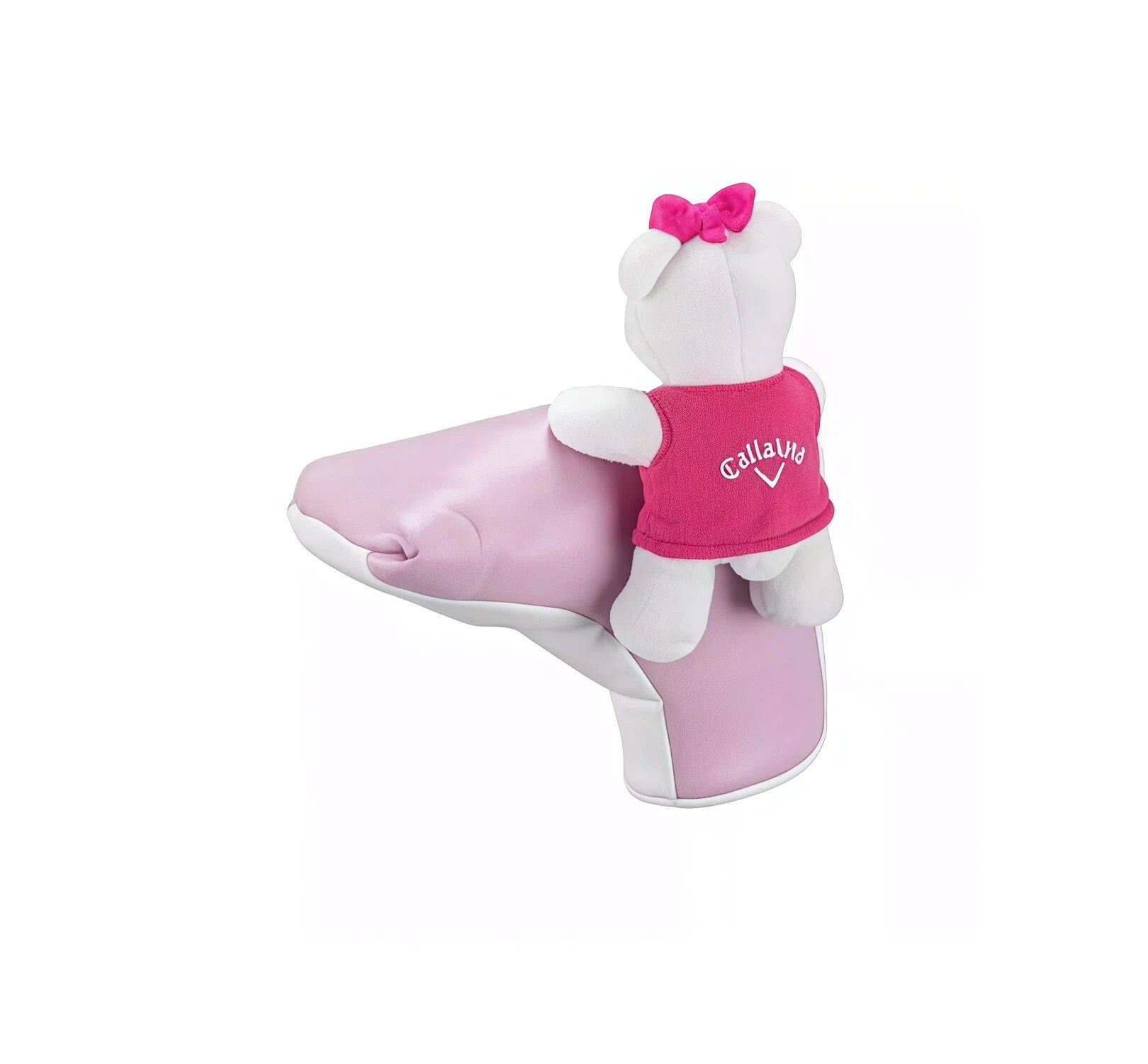 Rear angle of 2024 Callaway Odyssey putter cover with white teddy bear in pink dress — shows Callaway logo on back of bear’s outfit, soft plush material meets durable putter protection