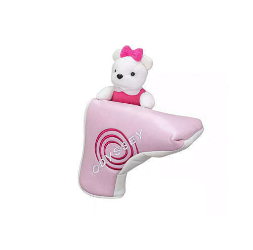 Pink Odyssey putter headcover with adorable white teddy bear wearing pink dress and bow — 2024 Callaway collaboration design, combines style and function for blade-style putters
