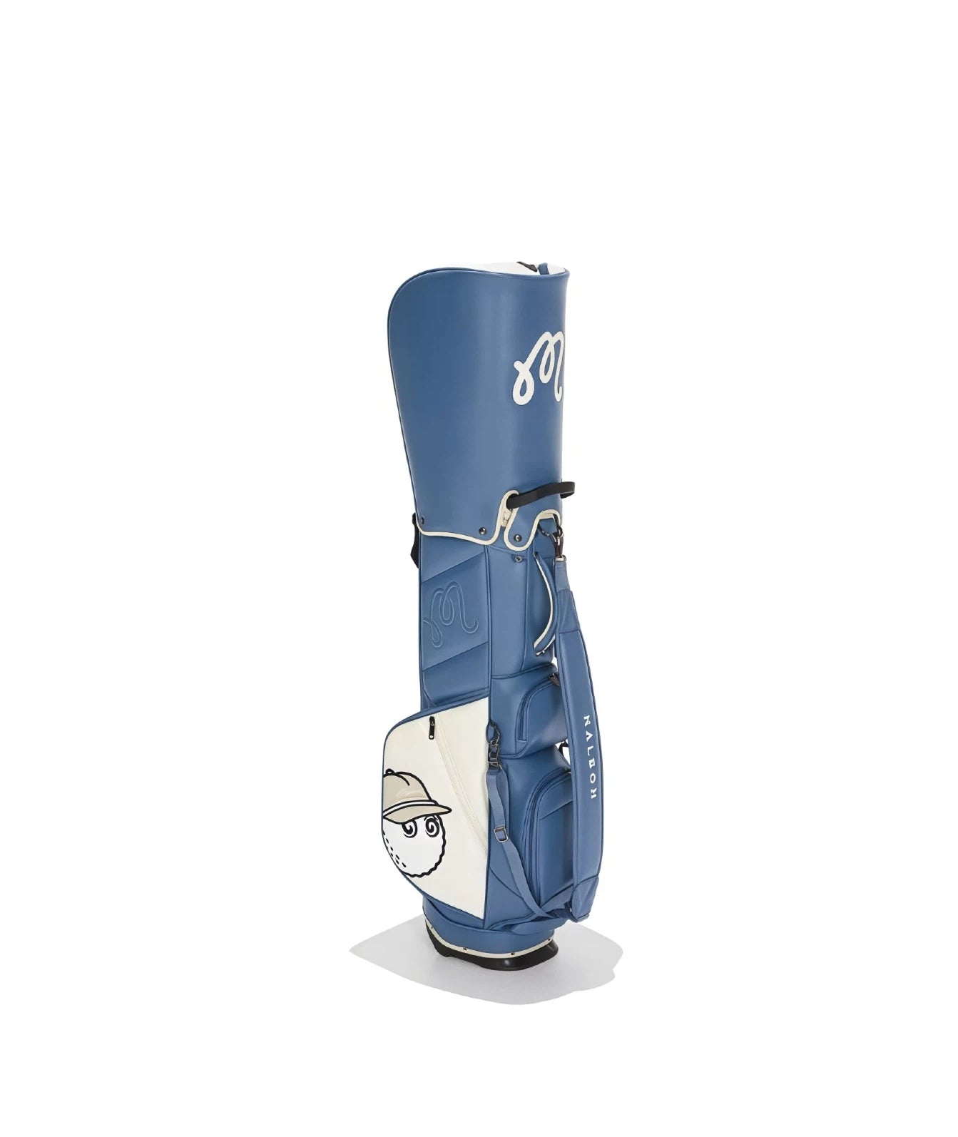 2026 Malbon golf stand bag in blue and white color combination, featuring waterproof PU leather, large capacity, and a trendy look with a cartoon mascot in a beige hat, designed for easy transport and style.