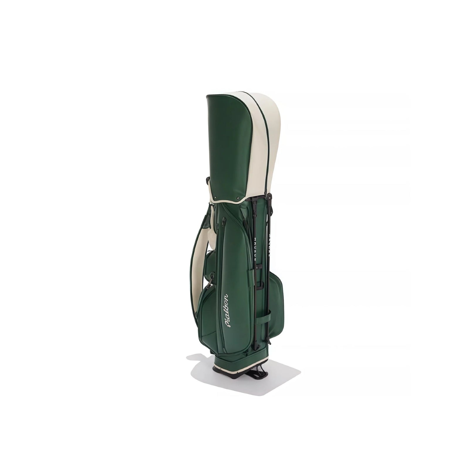 Side view of the 2026 Malbon golf stand bag in green and white, highlighting its waterproof construction, large storage compartments, and sleek design for convenient carrying.