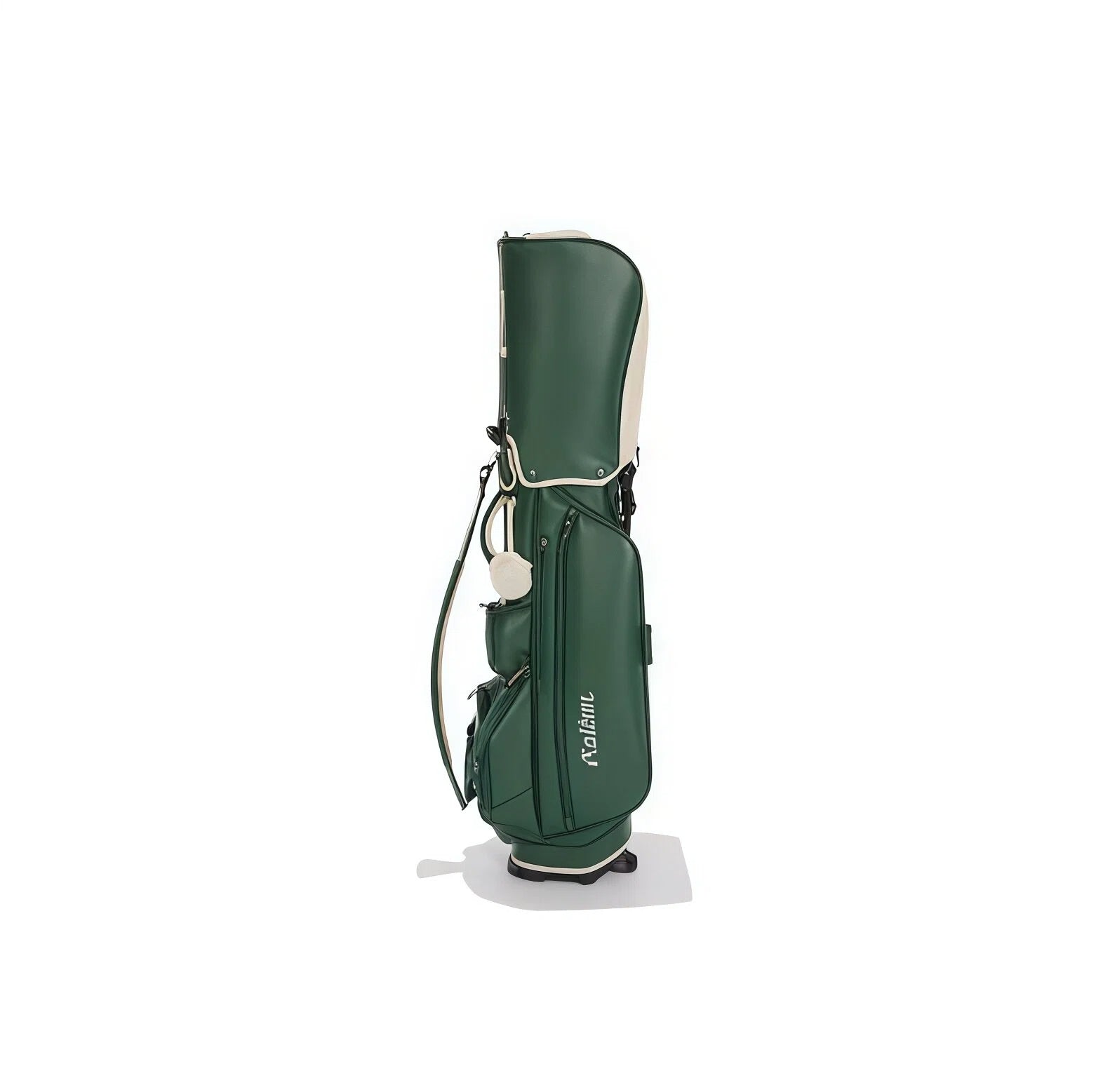  2026 Malbon golf stand bag in green and white colorway, featuring waterproof construction, large capacity storage, and a stylish design with a cartoon mascot, suitable for both men and women golfers.