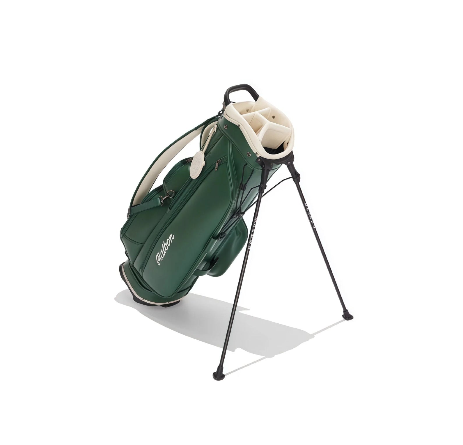 2026 Malbon golf stand bag in green with its stand legs deployed, demonstrating stability and ease of use on the course, featuring waterproof construction and large capacity for clubs and accessories.

