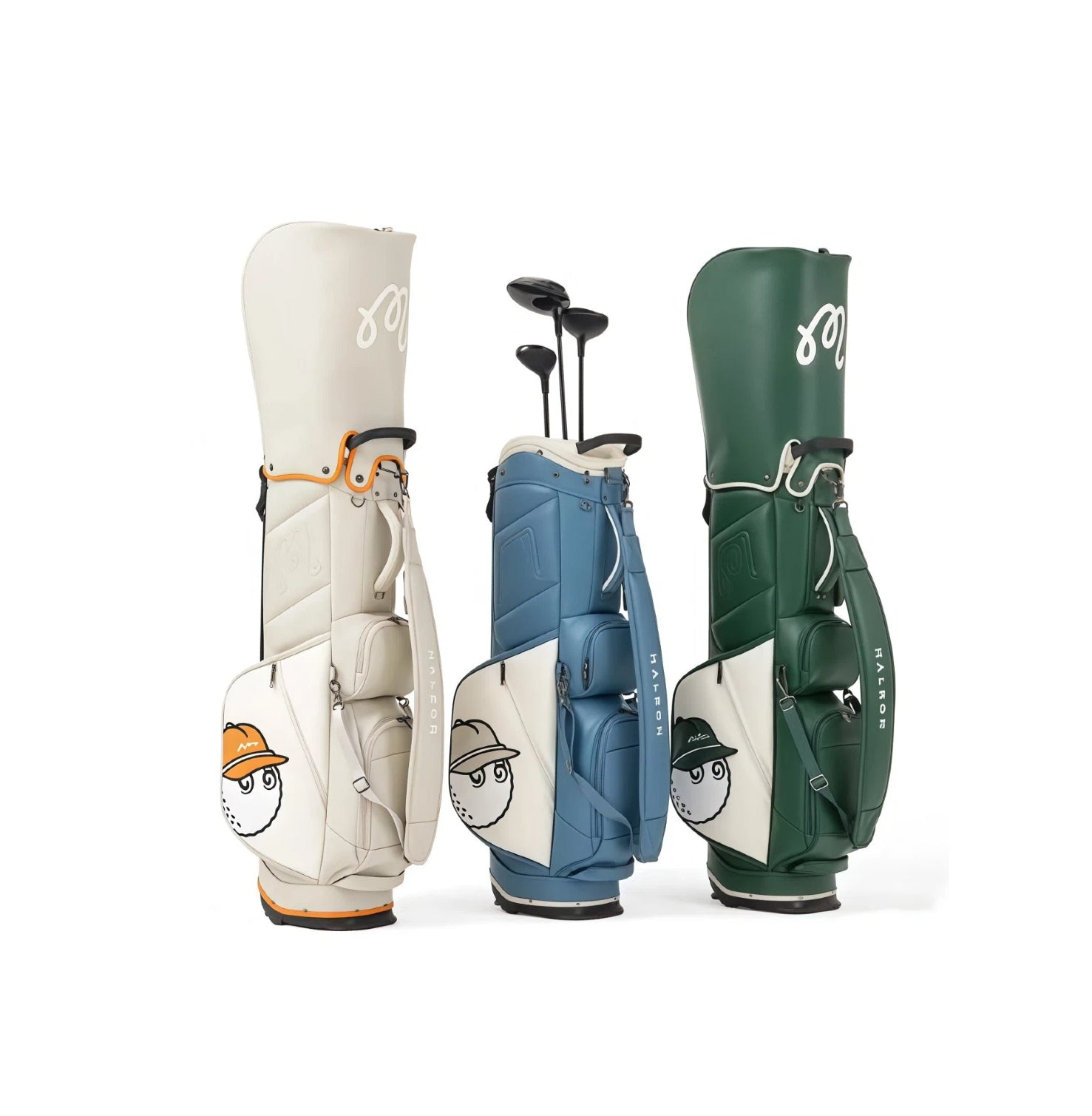 Set of three 2026 Malbon golf stand bags in beige, blue, and green colorways, each featuring waterproof material, large capacity, and unique cartoon mascot designs, perfect for unisex golfers seeking style and functionality.