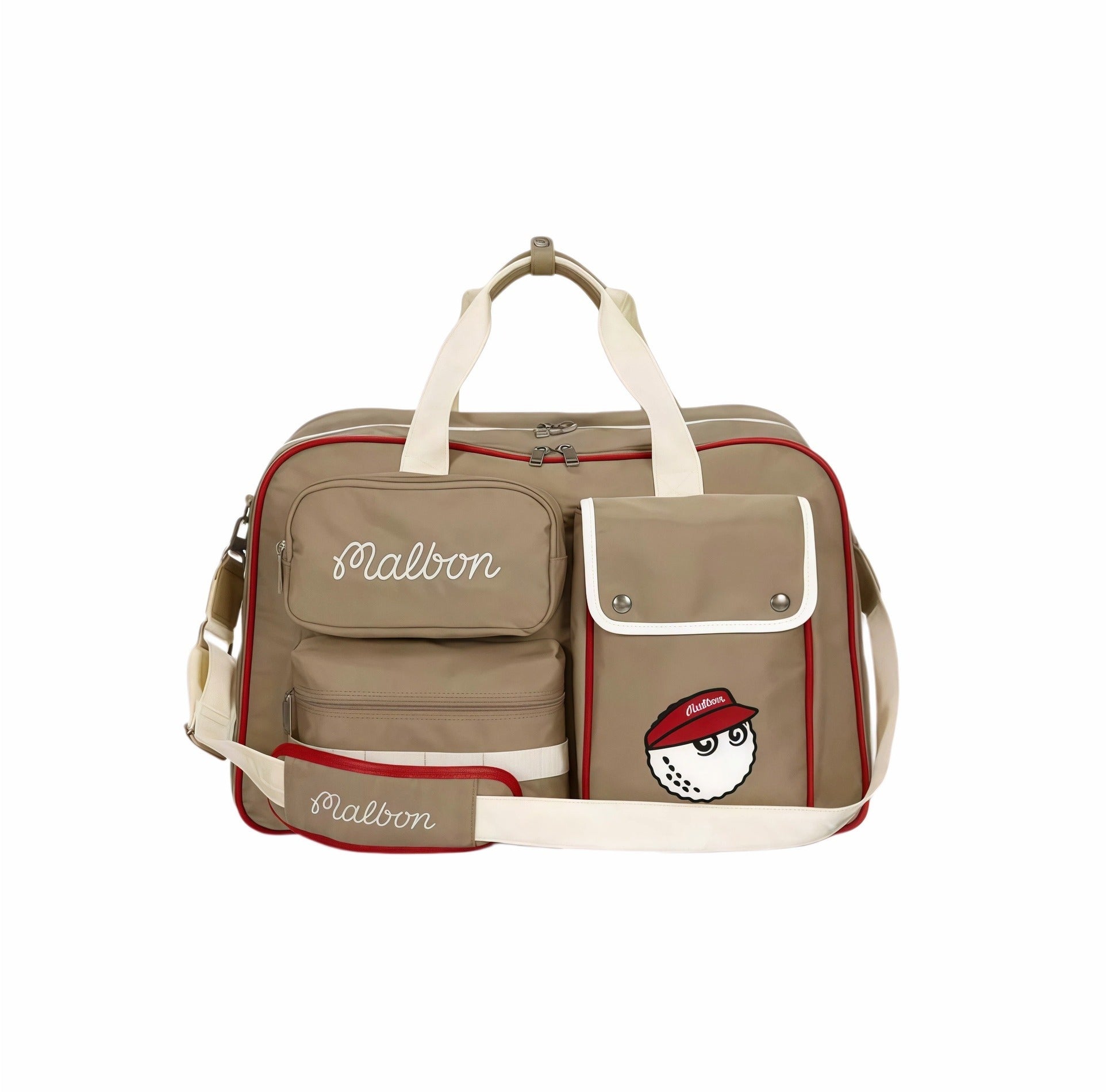 Khaki Malbon Golf large-capacity Boston duffle bag with red piping, twin front pockets, red-visor Buckets mascot and cream straps