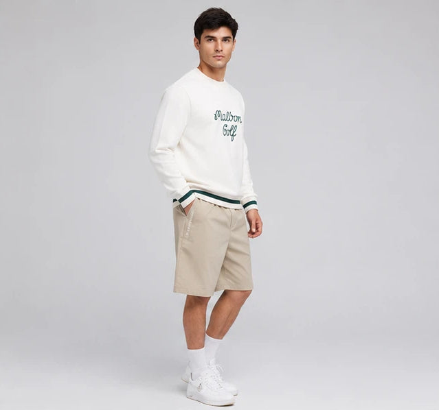 Malbon men's crew-neck logo embroidered golf sweatshirt — styled lifestyle view 13