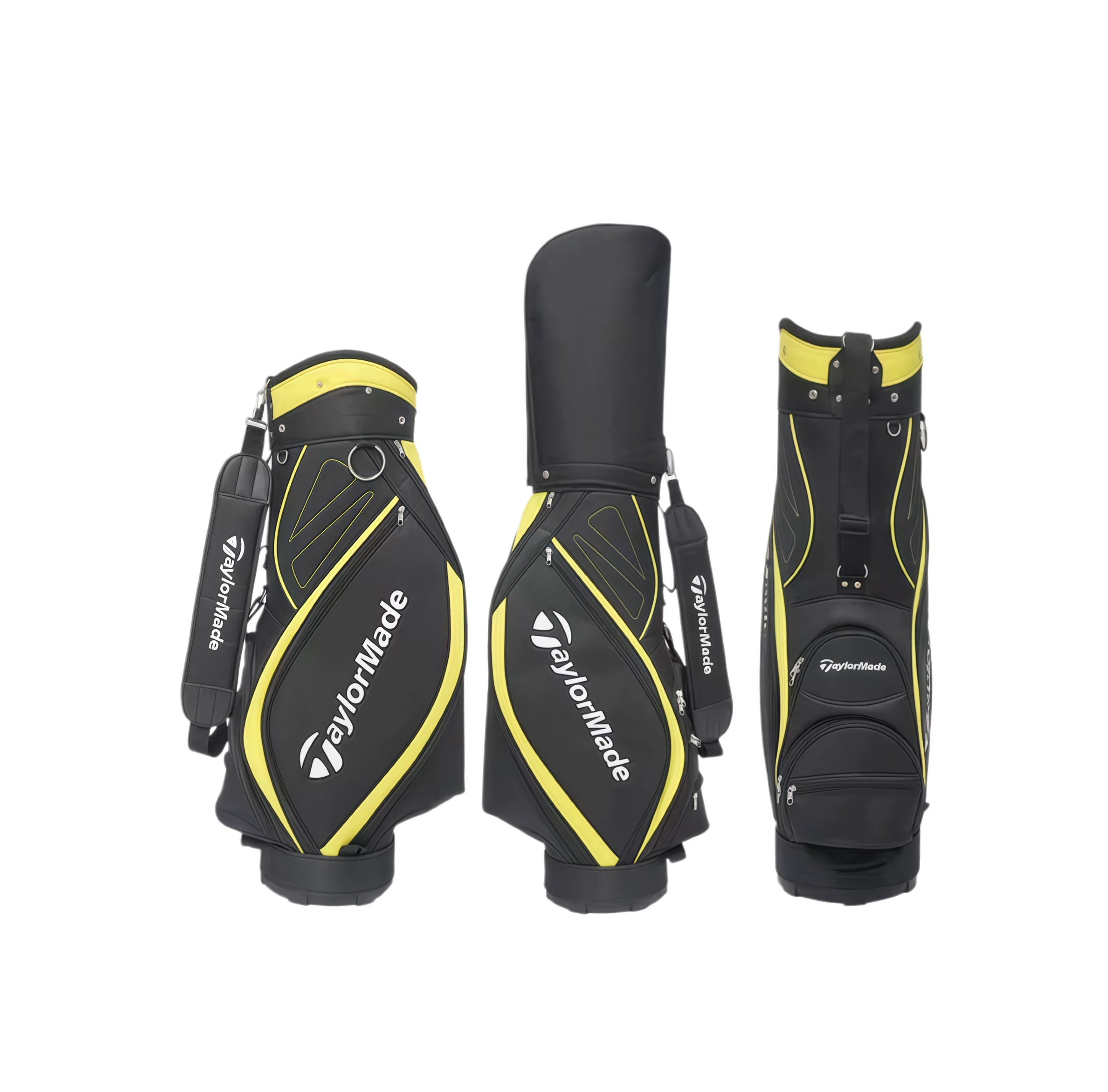 Black and yellow TaylorMade Premium cart bag shown from three angles with rain hood, TaylorMade logo and padded shoulder strap