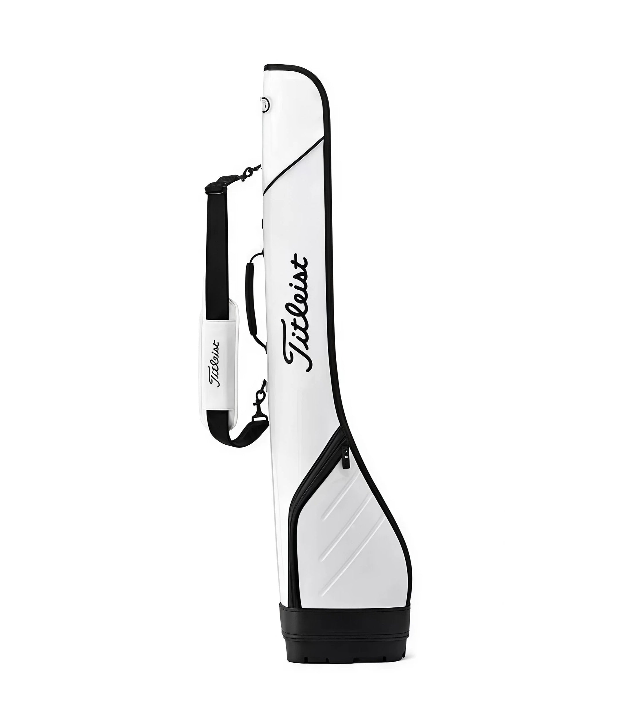 White Titleist premium carry bag with black trim and base, padded shoulder strap and zipped front pocket, slim pencil-style side view
